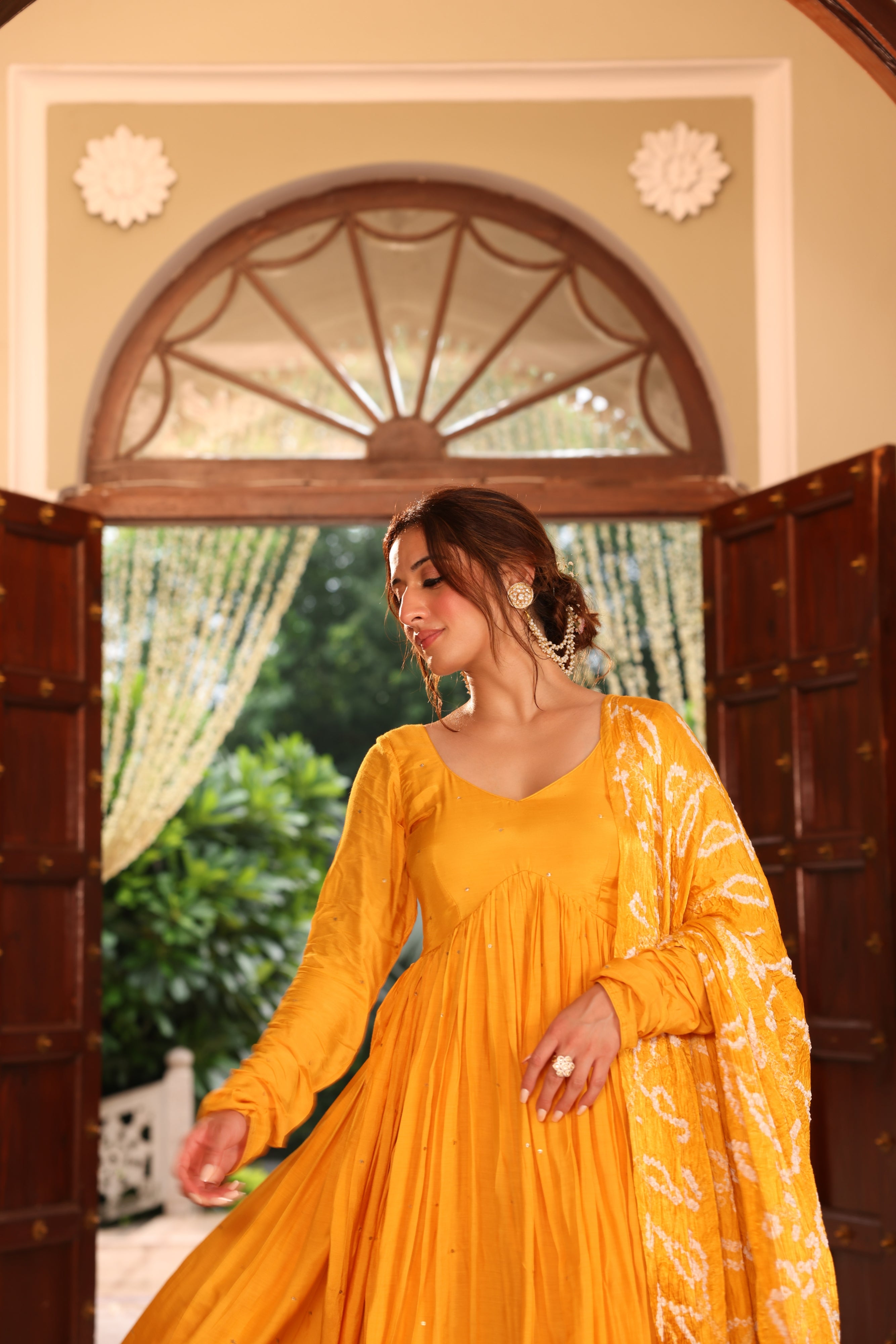 Mustard Bandhej Anarkali Suit Set