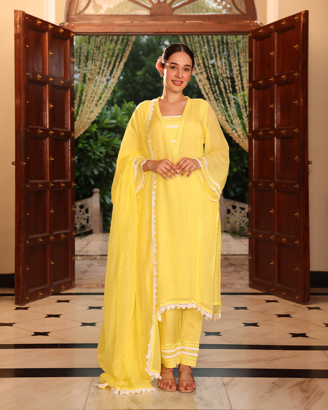 Lime Yellow Lace Oragnza Straight Kurta Set