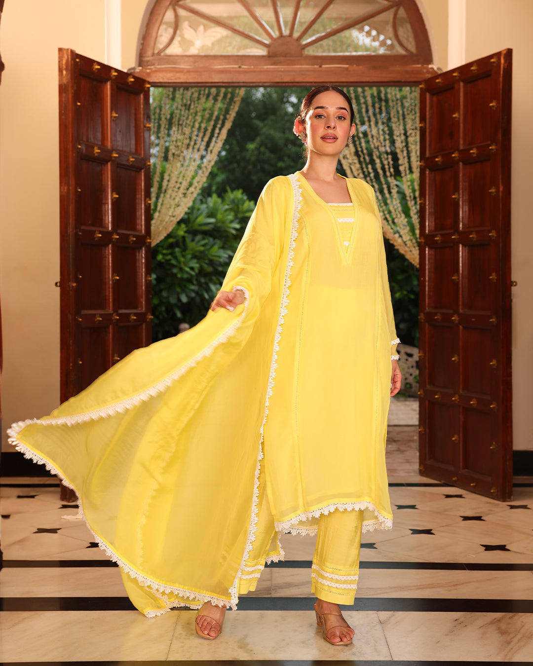 Lime Yellow Lace Oragnza Straight Kurta Set