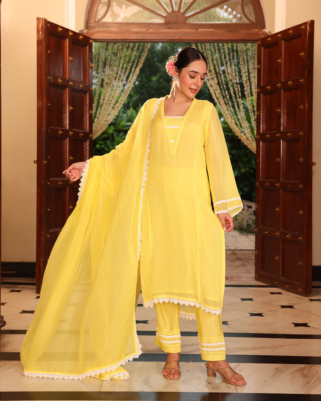 Lime Yellow Lace Oragnza Straight Kurta Set