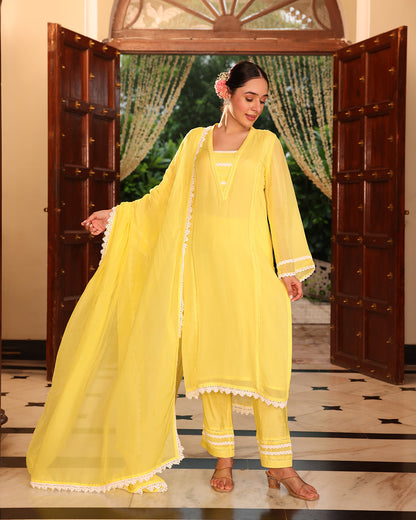 Lime Yellow Lace Oragnza Straight Kurta Set