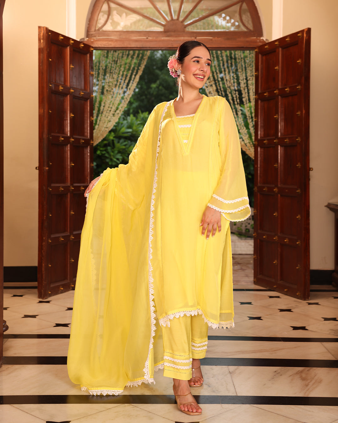 Lime Yellow Lace Oragnza Straight Kurta Set