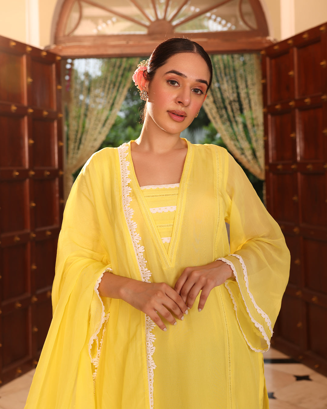 Lime Yellow Lace Oragnza Straight Kurta Set