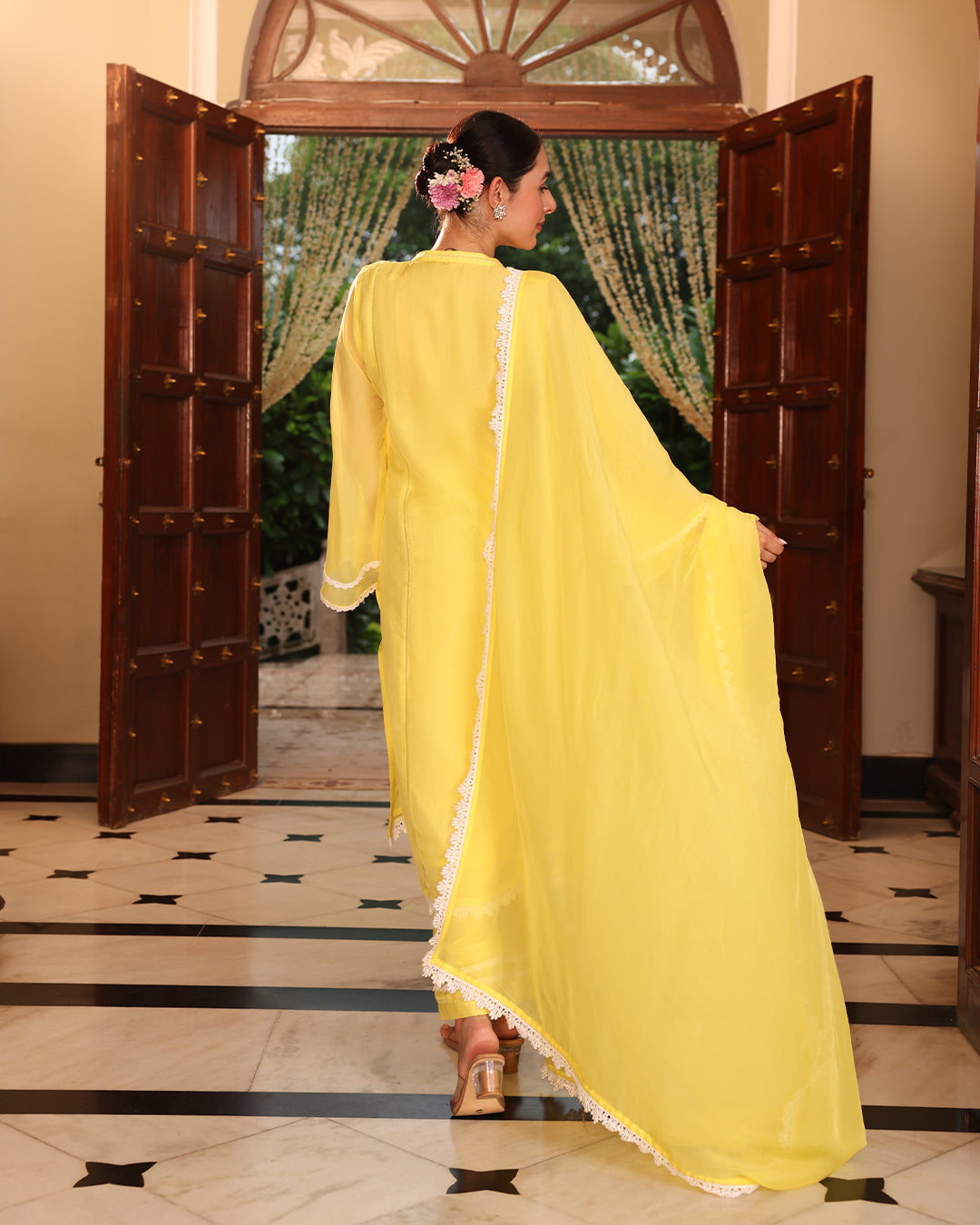 Lime Yellow Lace Oragnza Straight Kurta Set