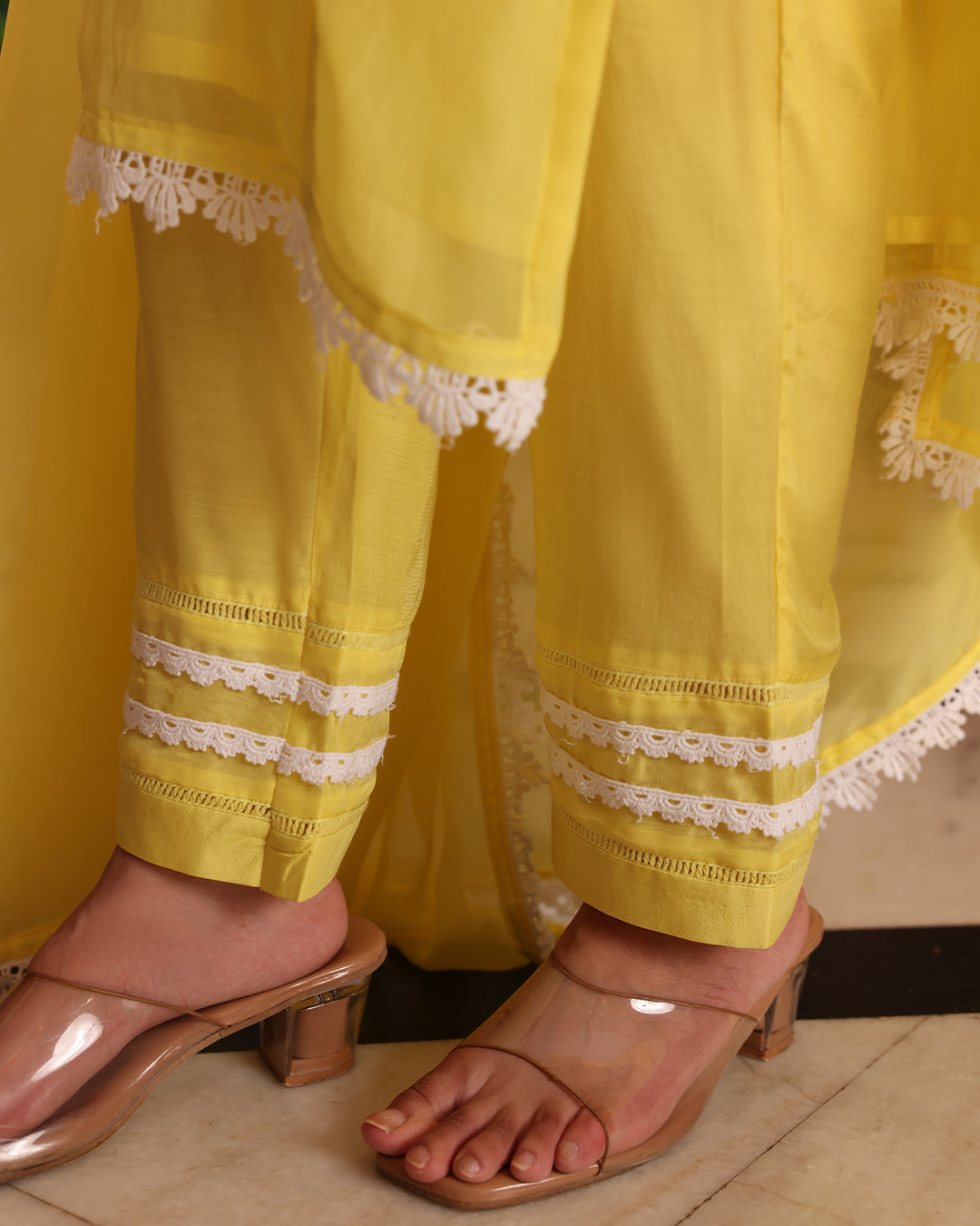 Lime Yellow Lace Oragnza Straight Kurta Set