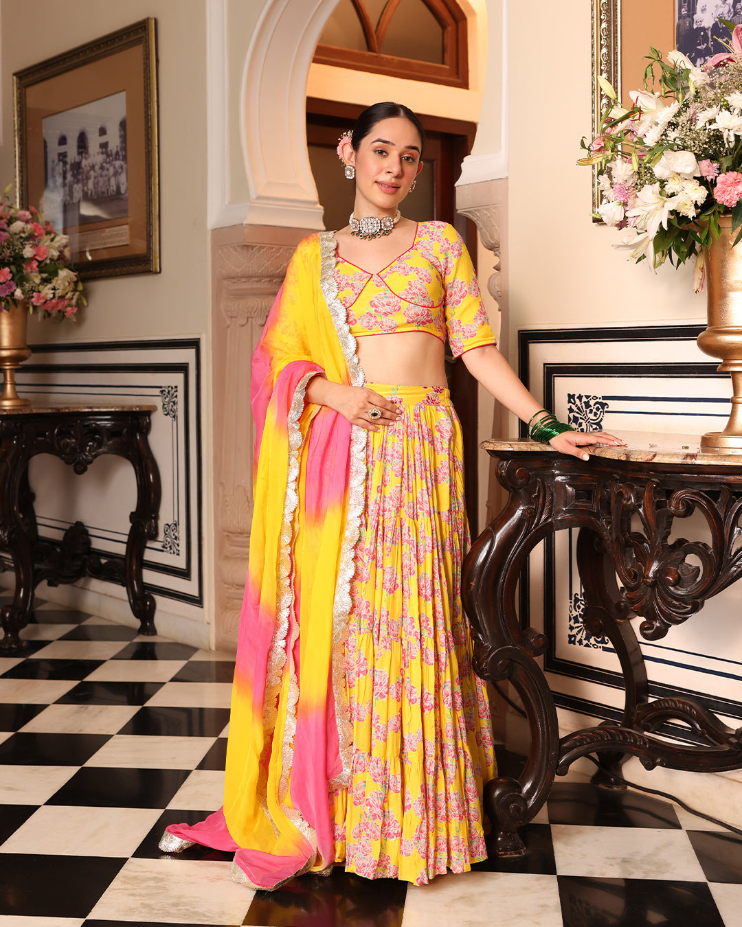 Kurkum Yellow Printed Lehenga