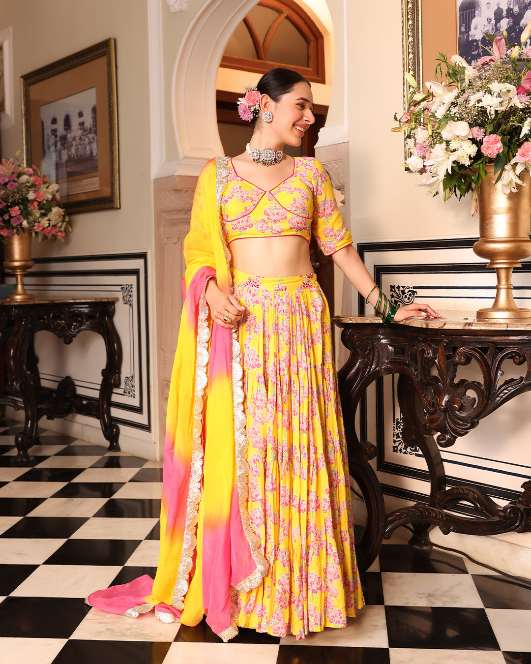 Kurkum Yellow Printed Lehenga