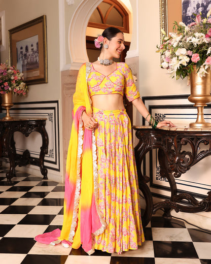 Kurkum Yellow Printed Lehenga