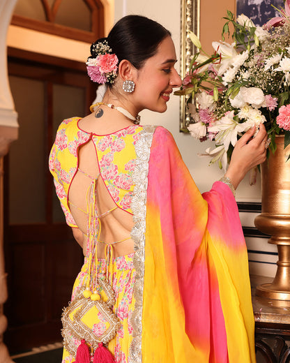 Kurkum Yellow Printed Lehenga
