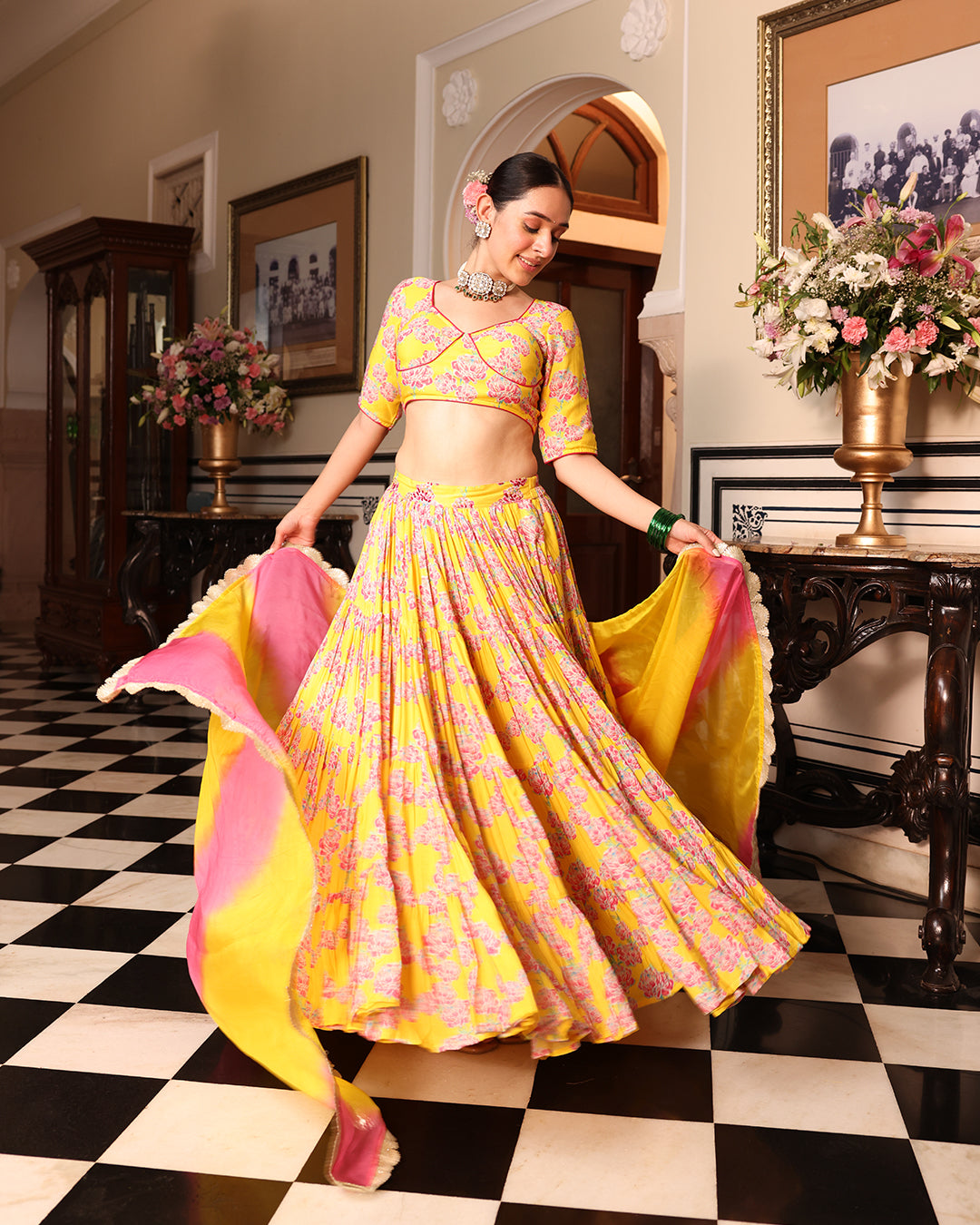 Kurkum Yellow Printed Lehenga