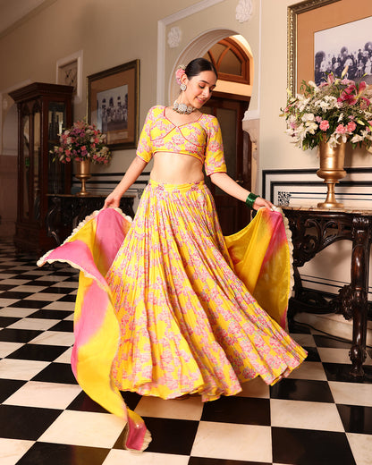 Kurkum Yellow Printed Lehenga