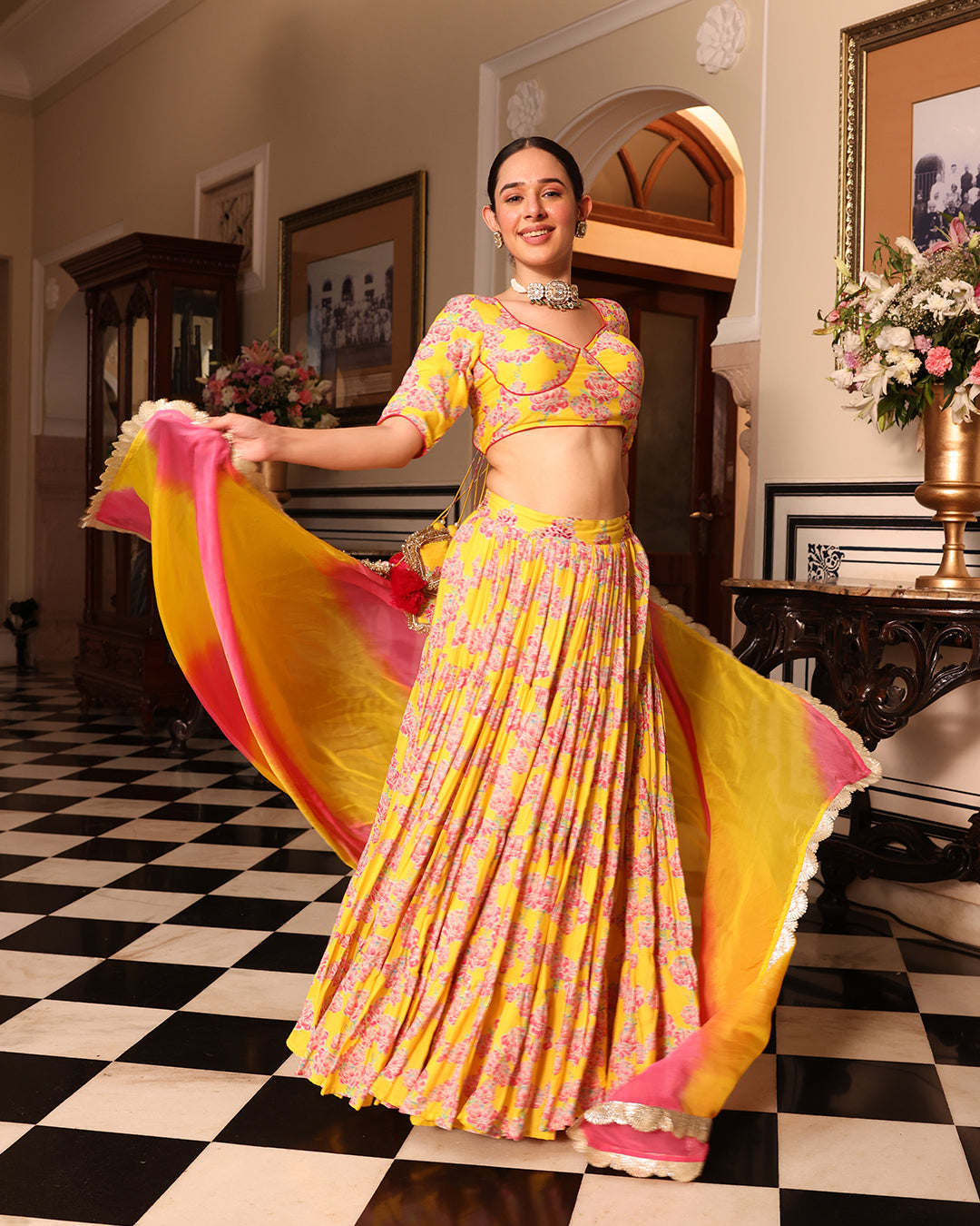 Kurkum Yellow Printed Lehenga
