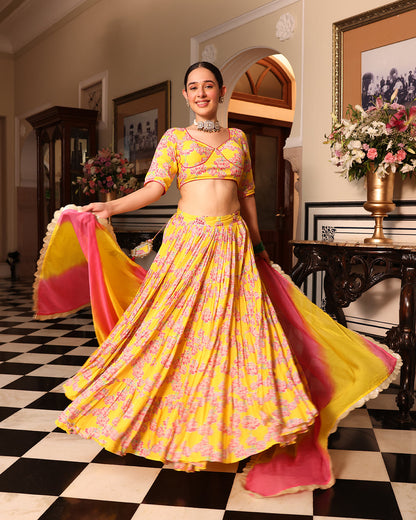 Kurkum Yellow Printed Lehenga