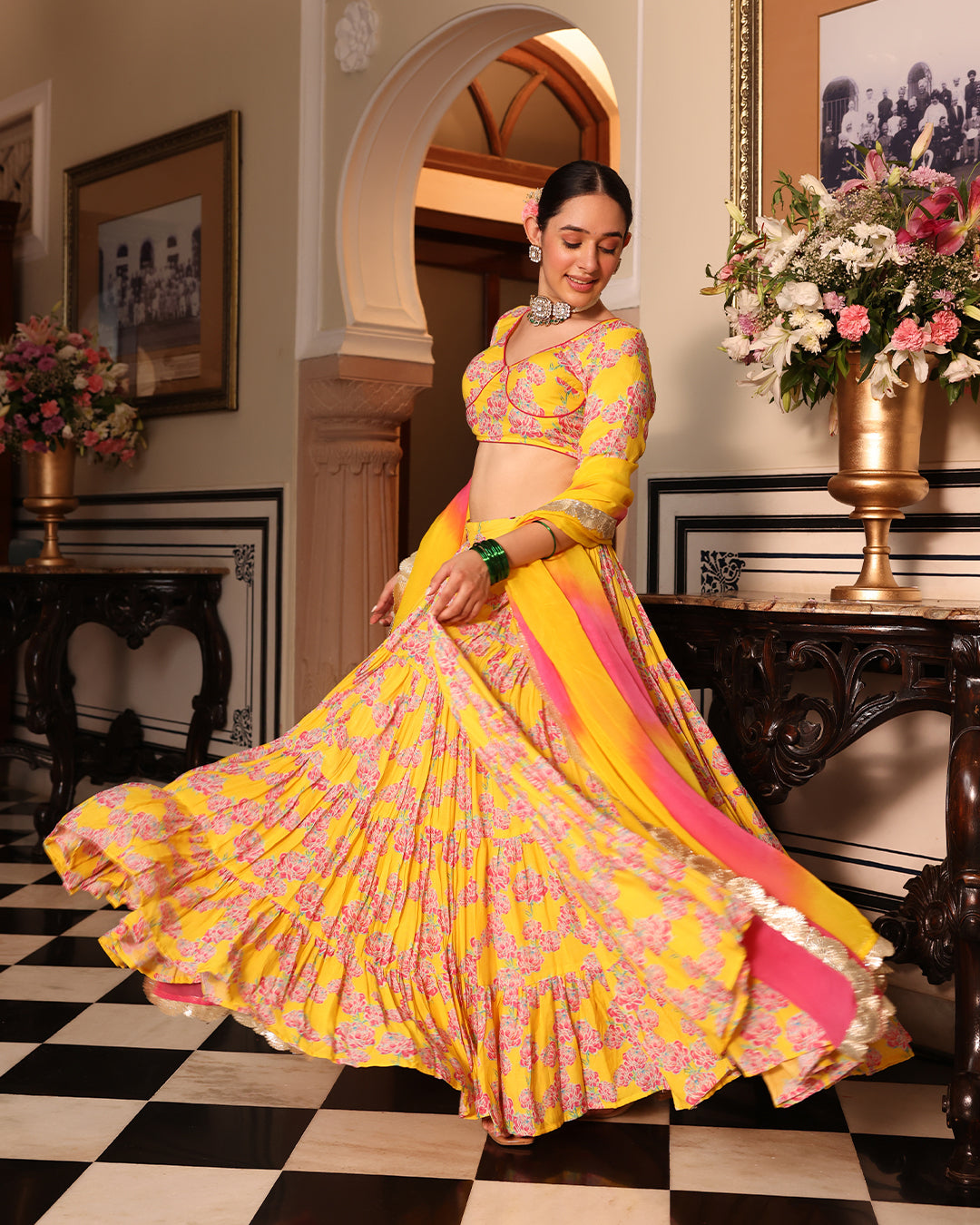 Kurkum Yellow Printed Lehenga