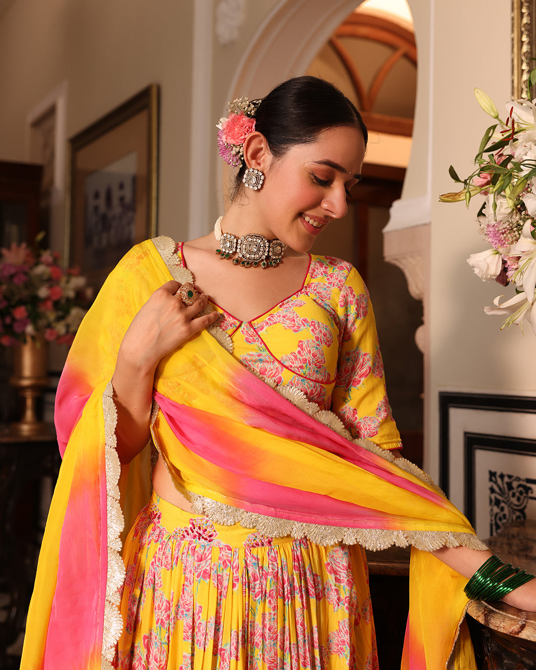 Kurkum Yellow Printed Lehenga