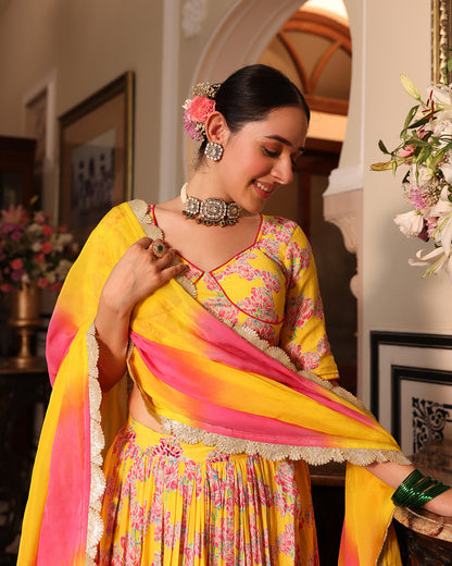 Kurkum Yellow Printed Lehenga