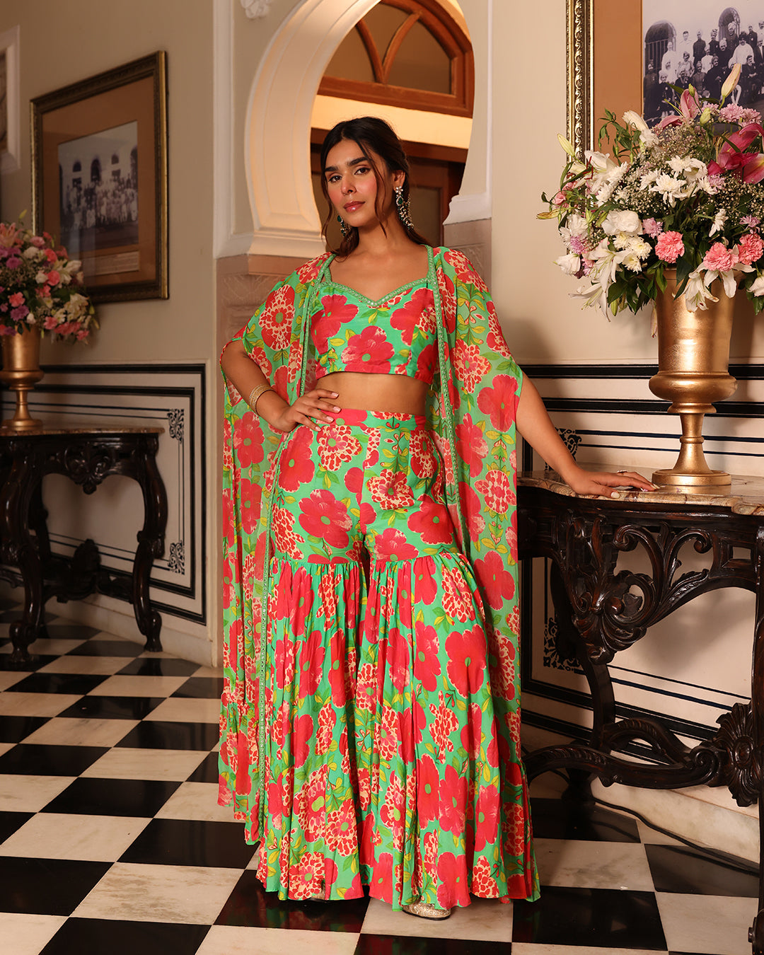 Shamrock Green Printed Indo Western Sharara jacket set