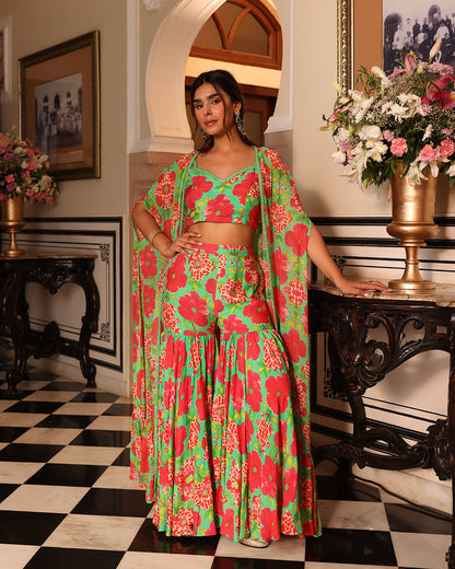 Shamrock Green Printed Indo Western Sharara jacket set