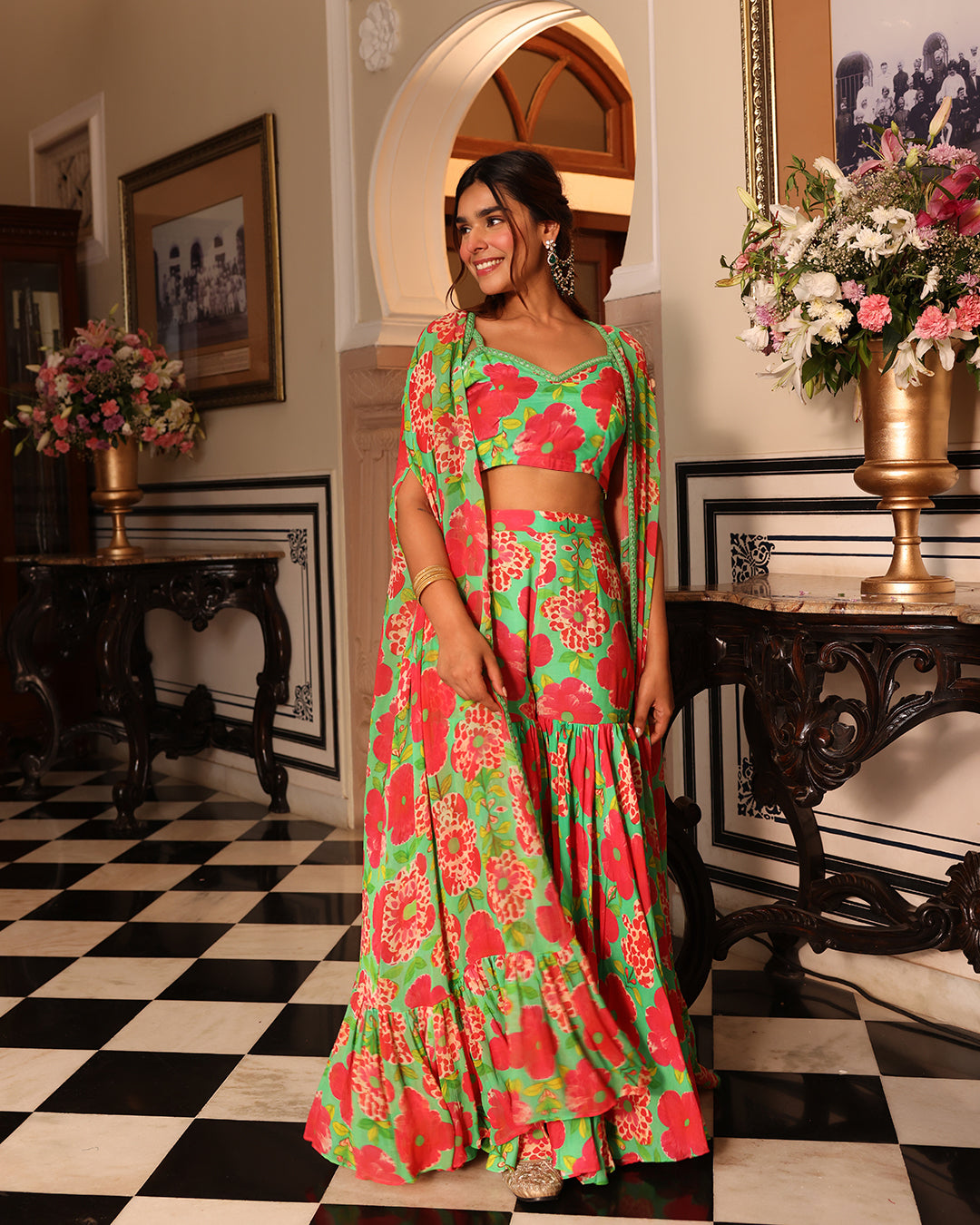 Shamrock Green Printed Indo Western Sharara jacket set