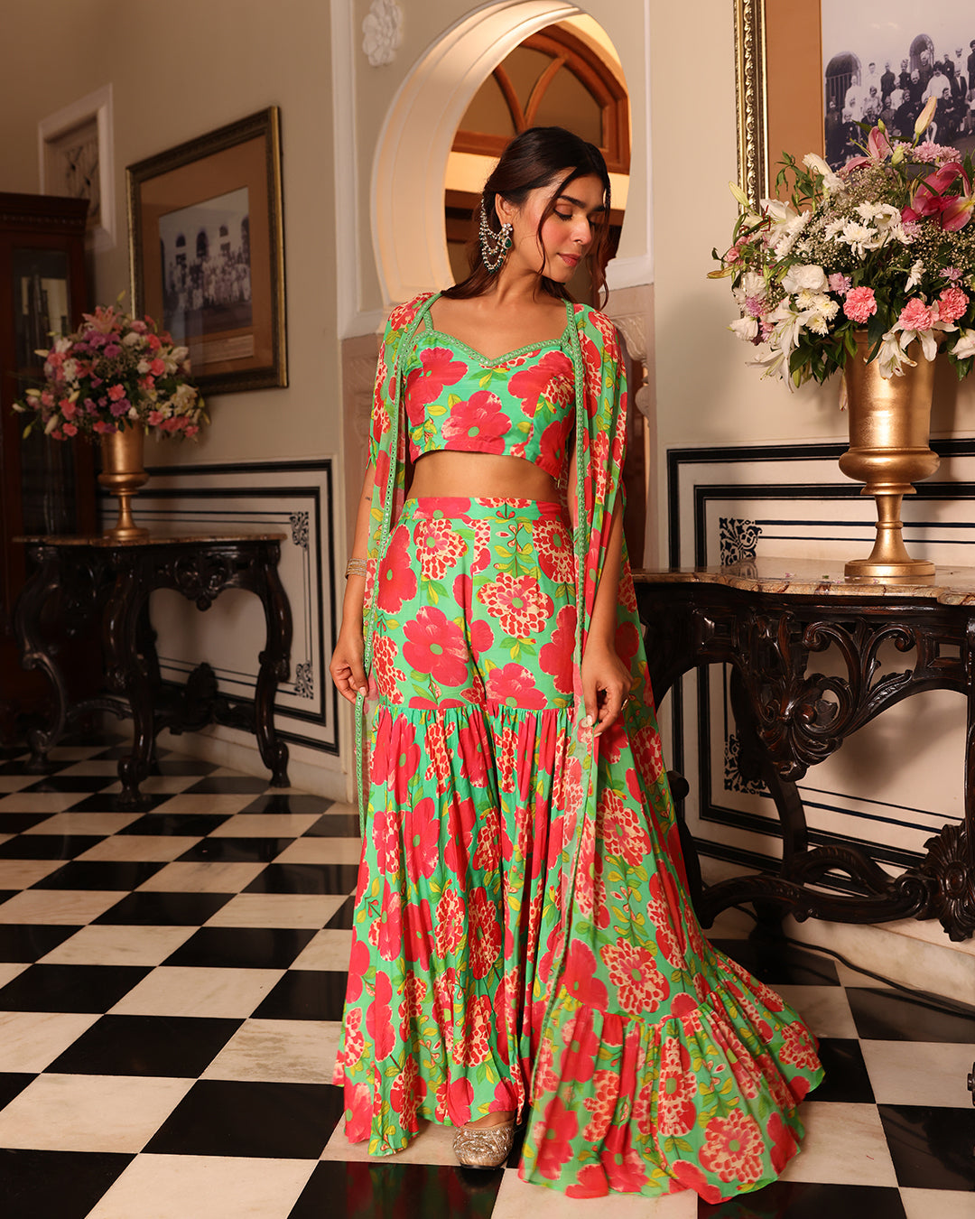 Shamrock Green Printed Indo Western Sharara jacket set