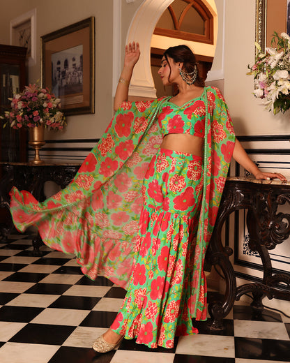 Shamrock Green Printed Indo Western Sharara jacket set