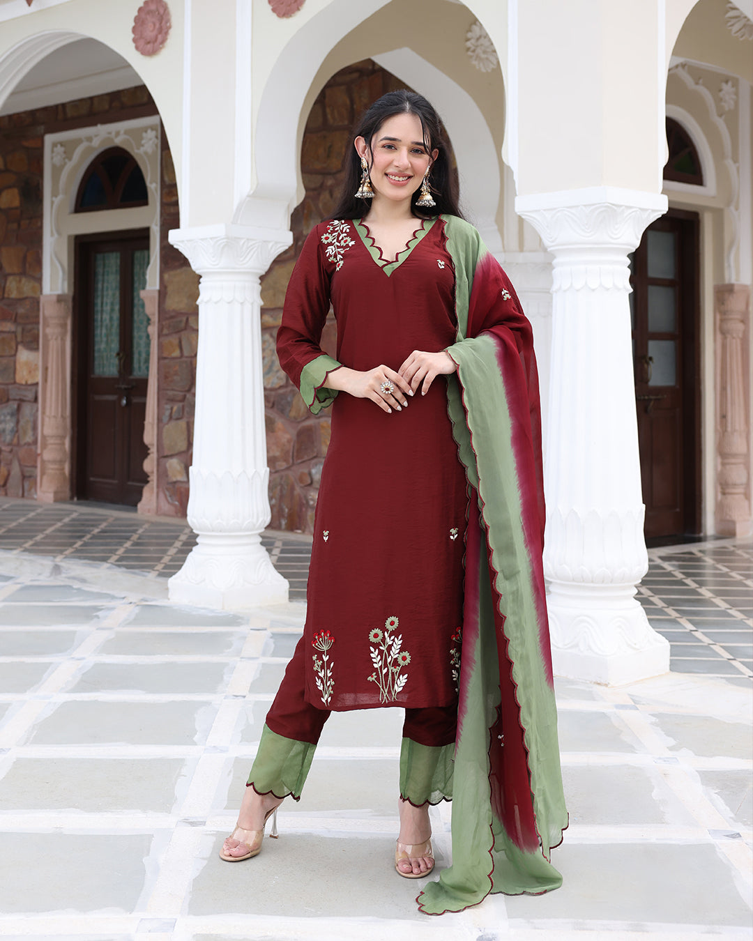 Brown Green Straight Kurta Set