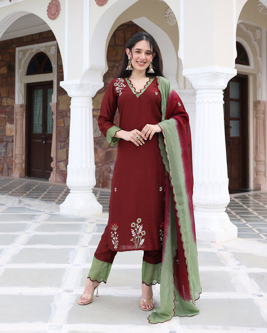Brown Green Straight Kurta Set