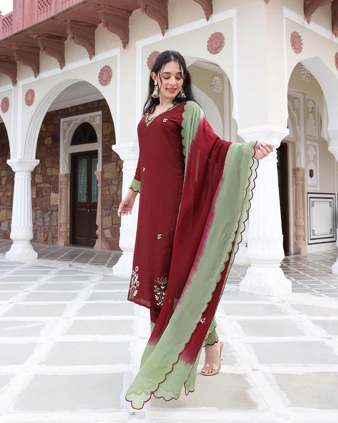 Brown Green Straight Kurta Set