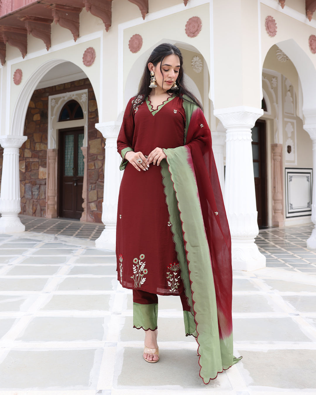 Brown Green Straight Kurta Set