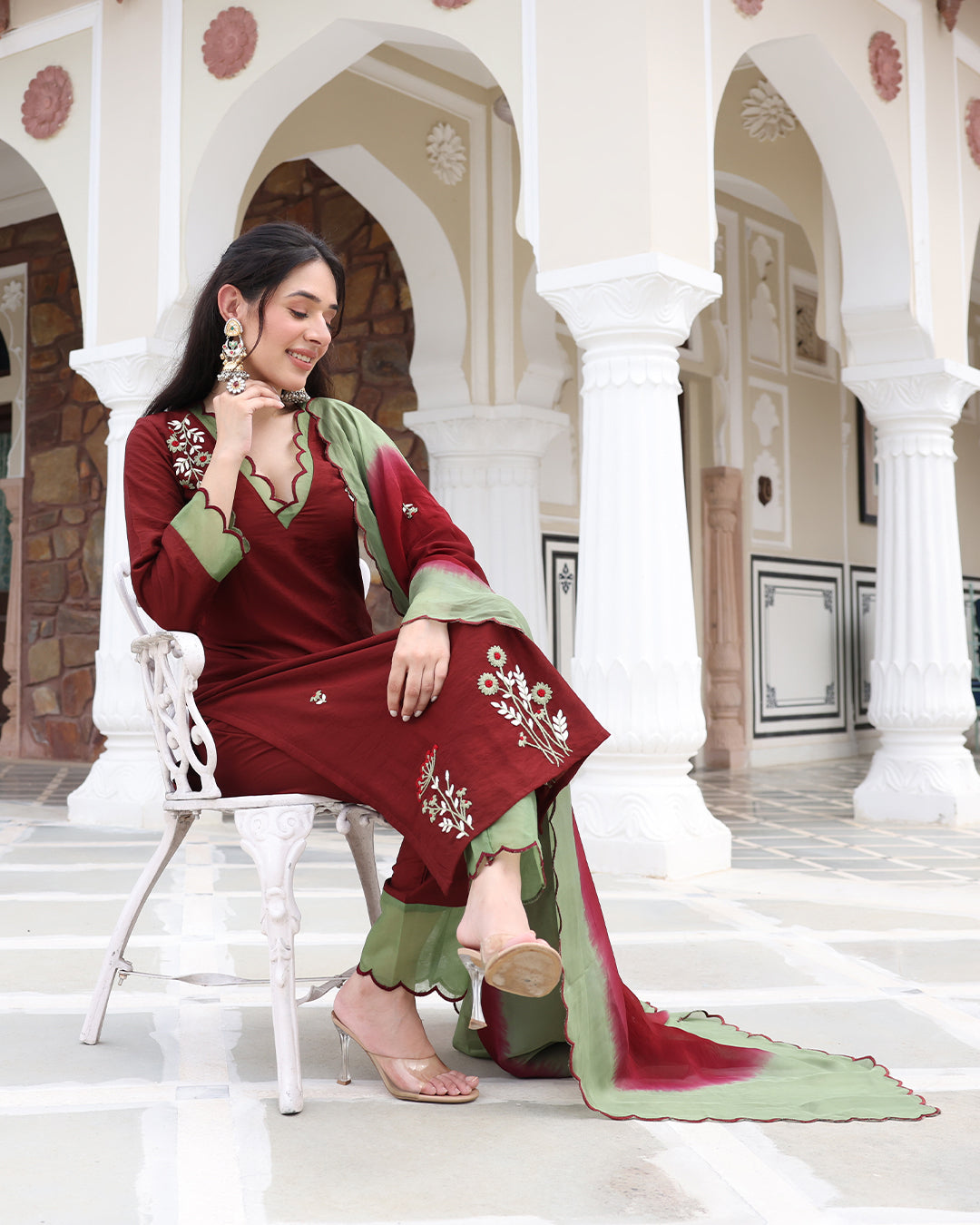 Brown Green Straight Kurta Set