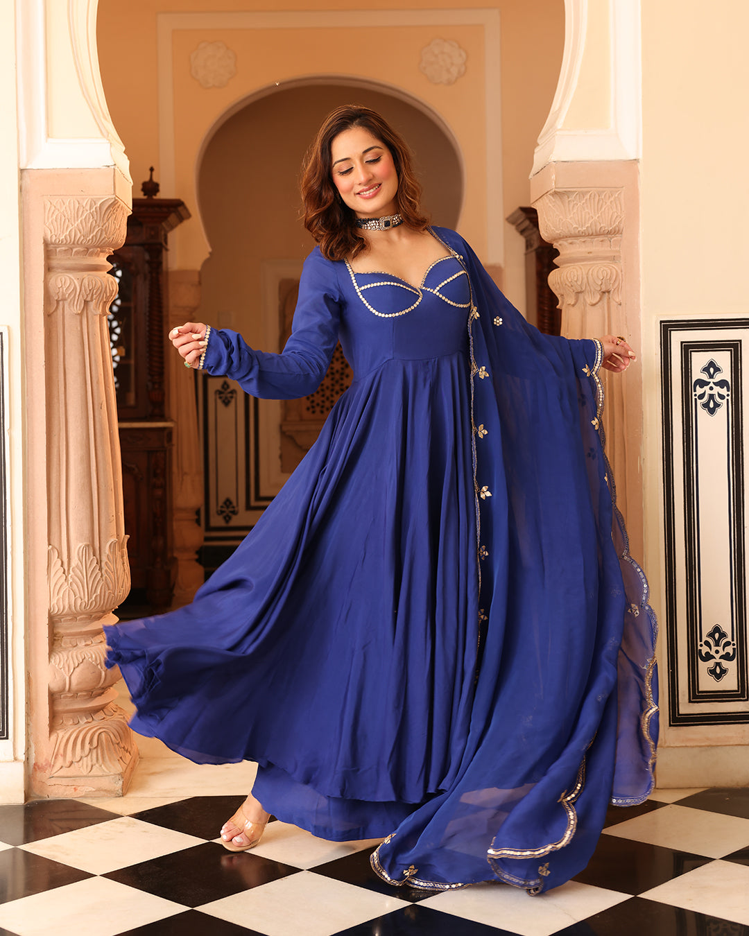 Navy Blue Mirror Work Dupatta Anarkali Suit Set