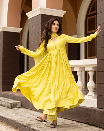 Slime Yellow Green V-Neck Kurta With Palazzo And Gotta Patti Dupatta