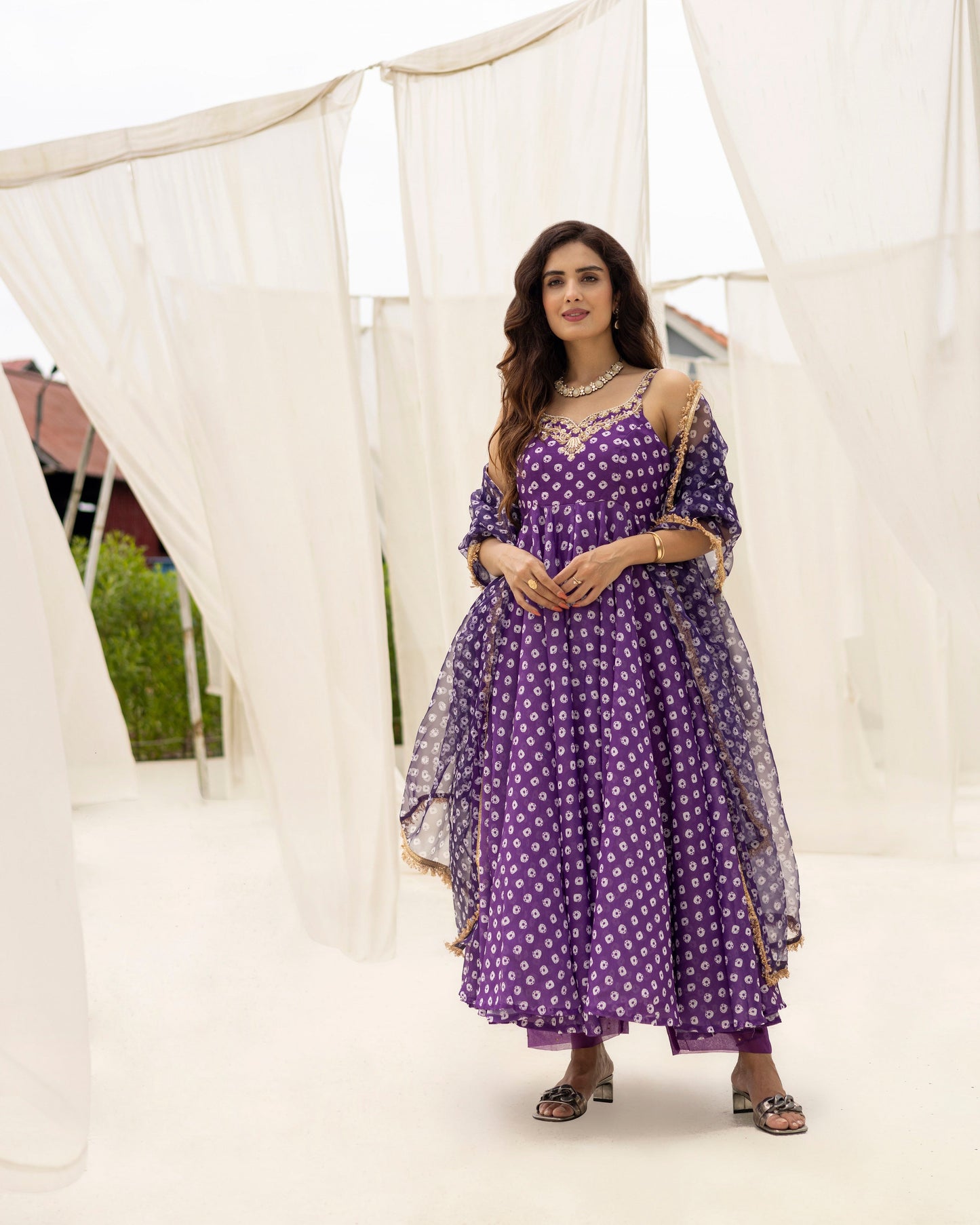 Bandhej Purple Anarkali With Pants And Dupatta Set Of 3