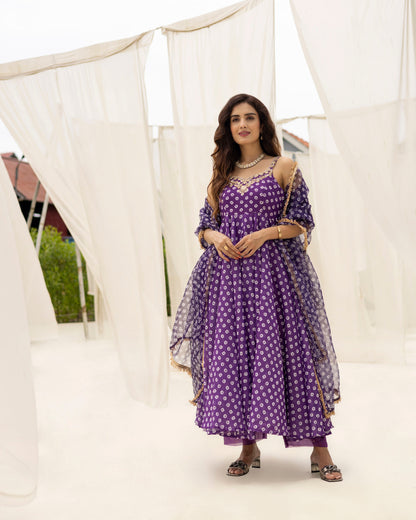 Bandhej Purple Anarkali With Pants And Dupatta Set Of 3