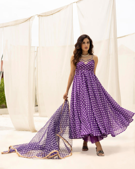 Bandhej Purple Anarkali With Pants And Dupatta Set Of 3