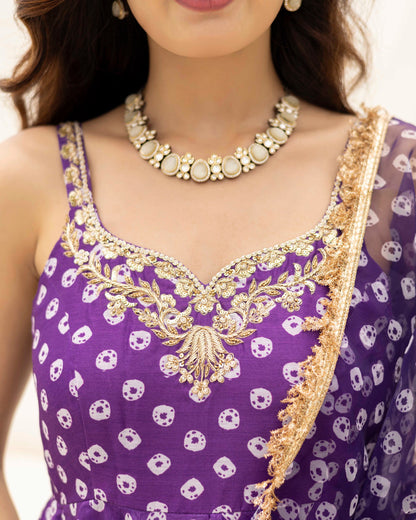 Bandhej Purple Anarkali With Pants And Dupatta Set Of 3