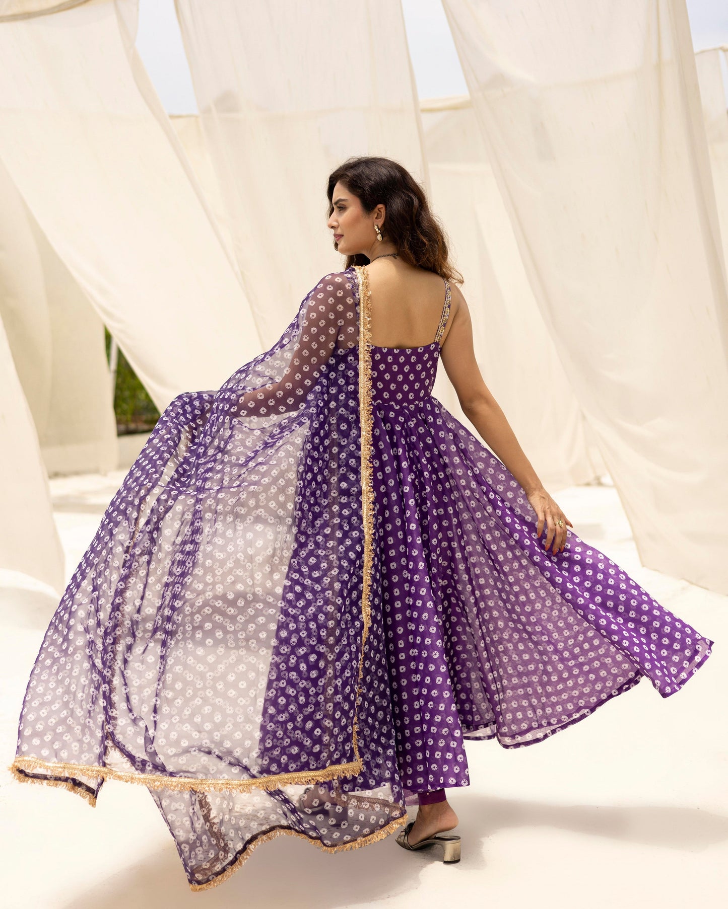 Bandhej Purple Anarkali With Pants And Dupatta Set Of 3