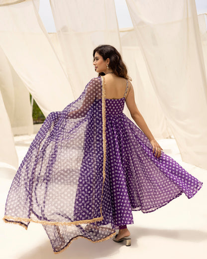 Bandhej Purple Anarkali With Pants And Dupatta Set Of 3