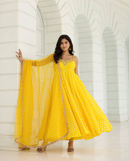 Bandhej Yellow Anarkali With Pants And Dupatta Set Of 3