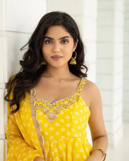 Bandhej Yellow Anarkali With Pants And Dupatta Set Of 3