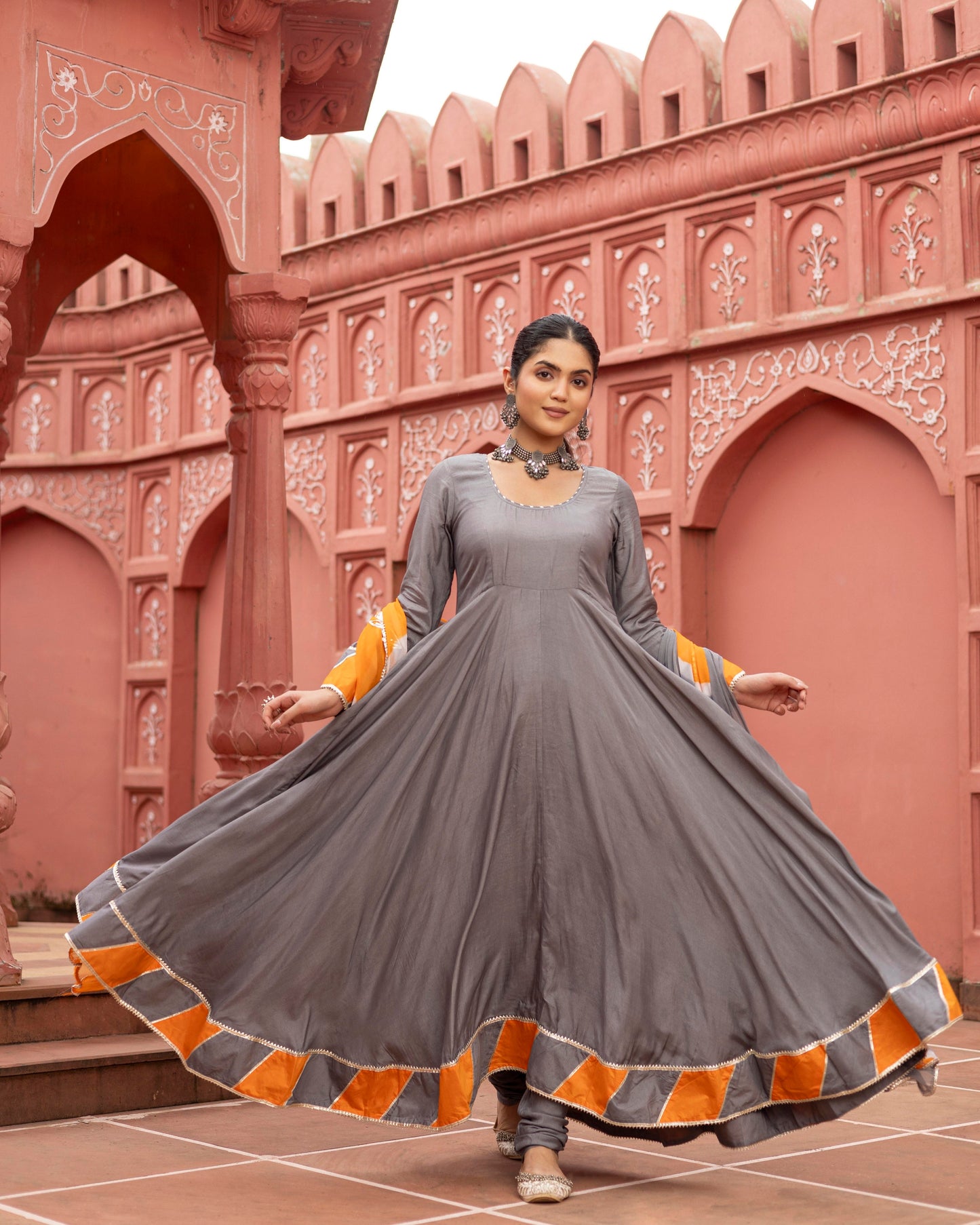 Stone gray Anarkali suit set
