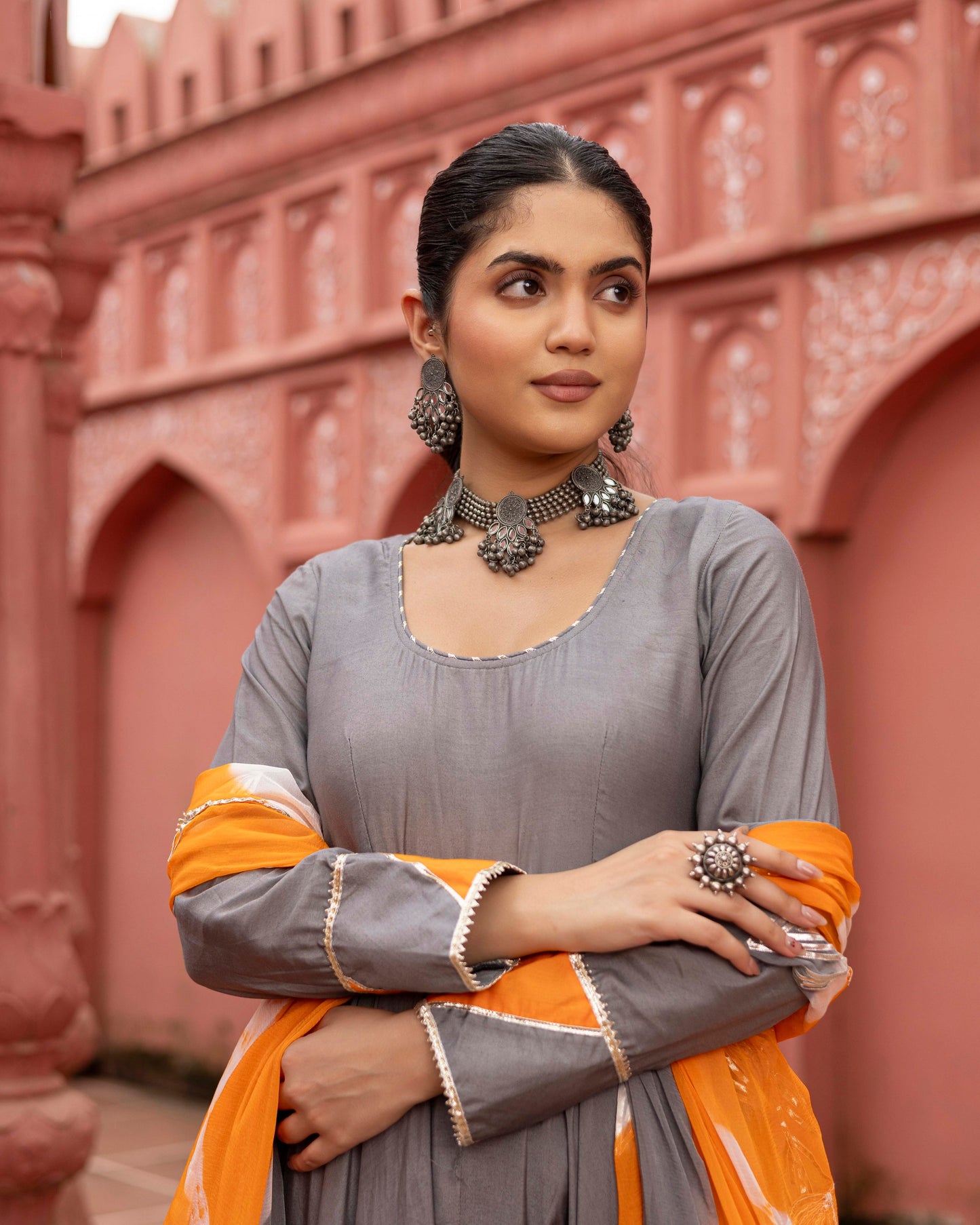Stone gray Anarkali suit set