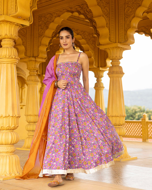 lilac hand block Printed suit Set