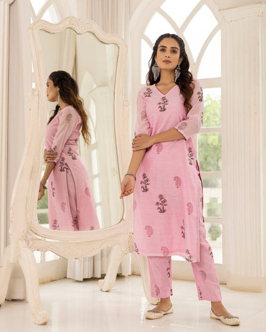 Pastal Pink Chanderi Kurta Set