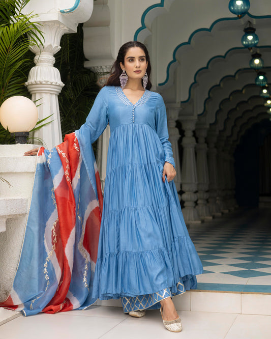 Lake blue Anarkali Suit Set