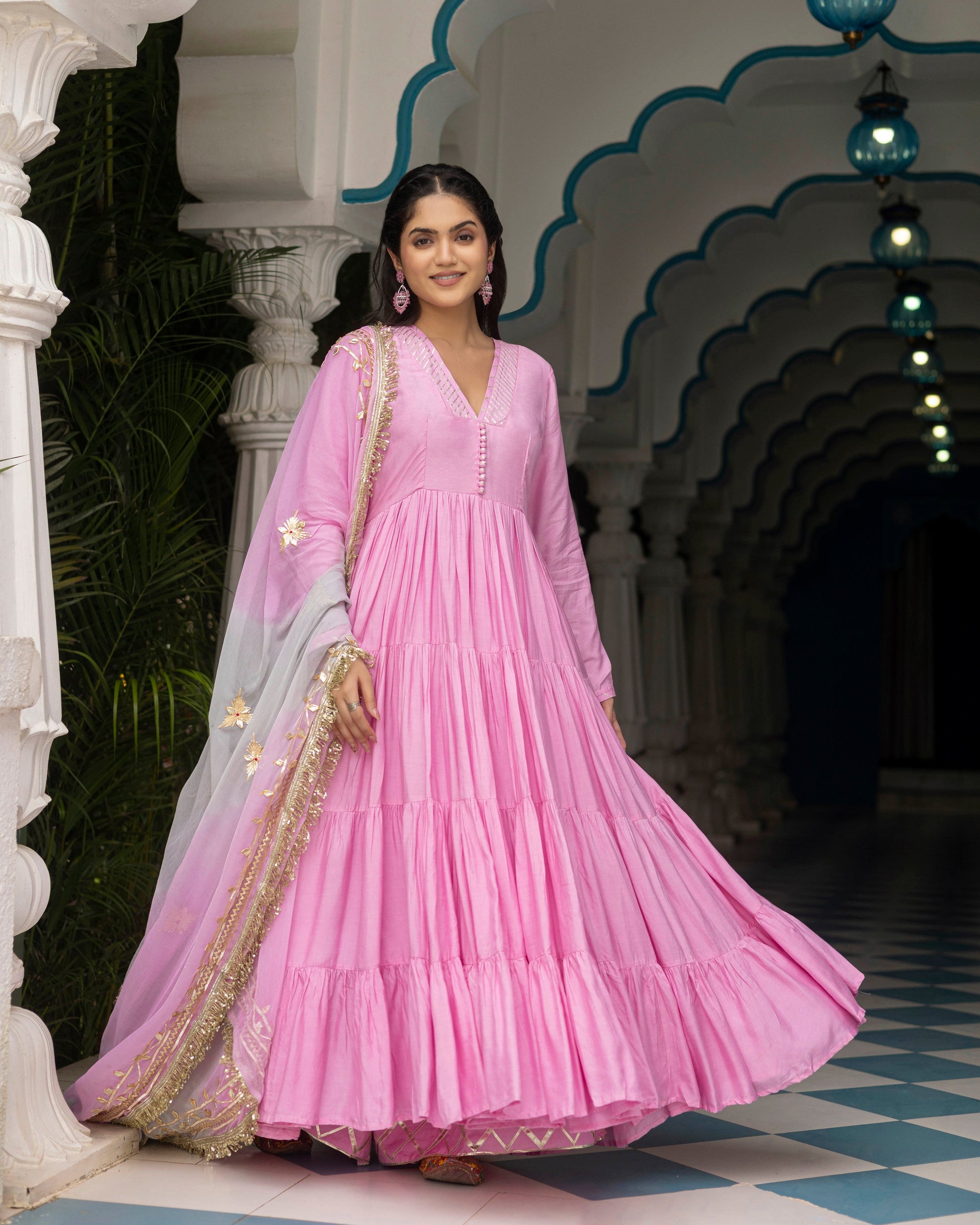 blush pink anarkali dress Light Pink Cotton Anarkali Kurta Pant set with Net Dupatta Atha Fashion