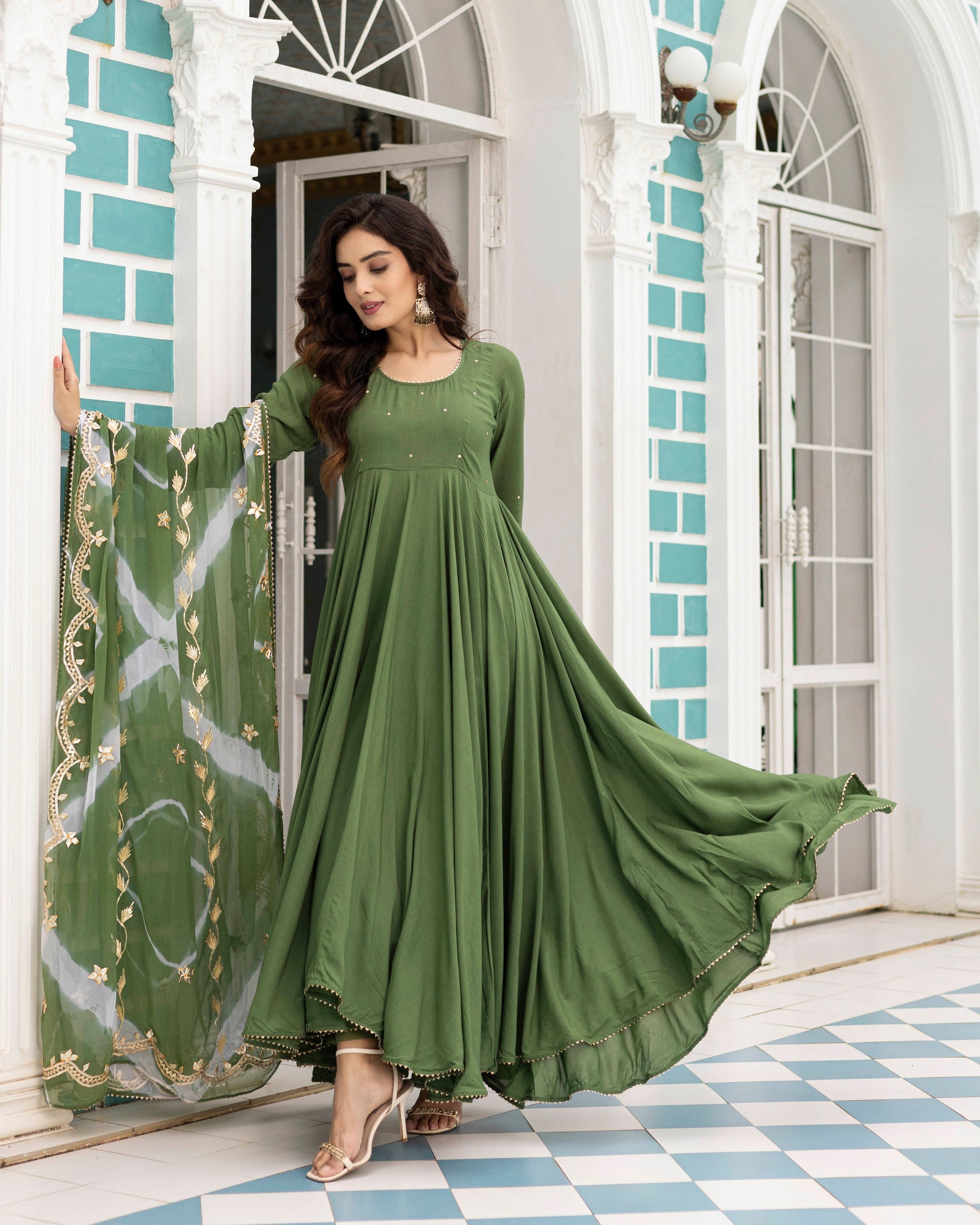 green anarkali dress Bottle Green Chiffon Bandhani Sleeveless Anarkali Suit Set (31-Green-AFNKB)