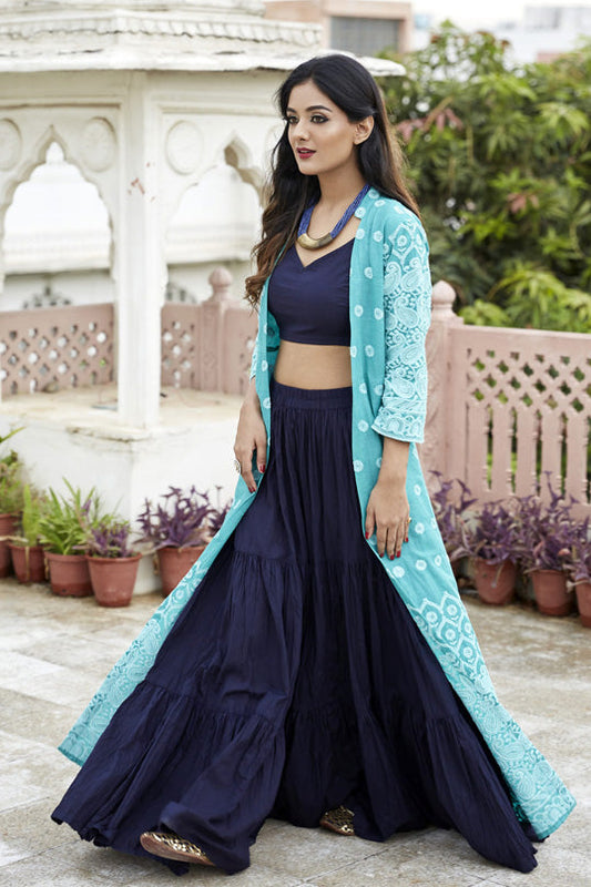 Turquoise Blue Jacket With Layered Skirt & Blouse