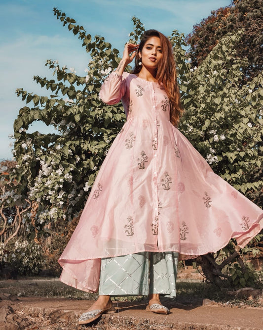 Chanderi Handblock Printed Kurta Set