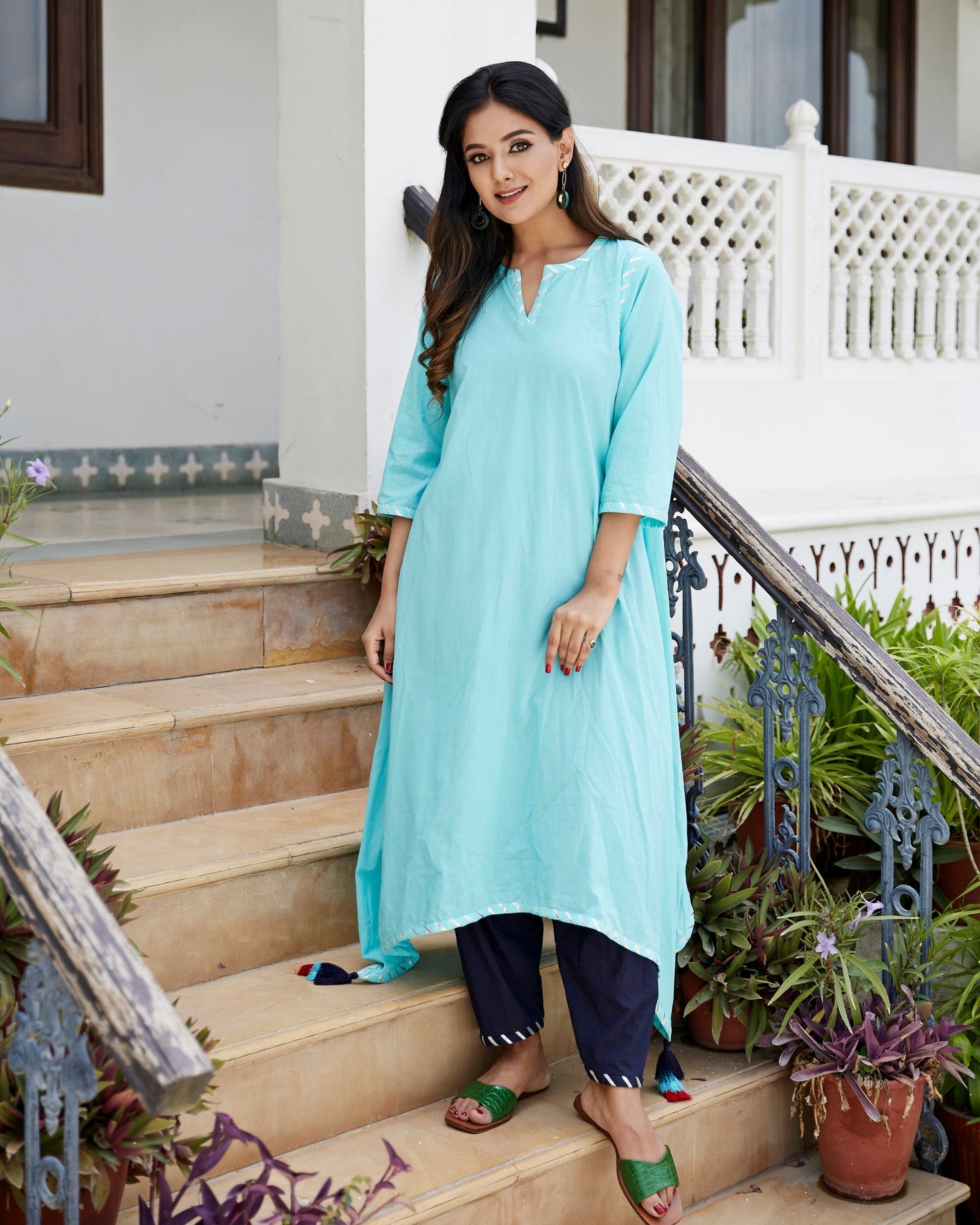 Celeste Blue Kurta With Mid Night Blue Pathani Lower